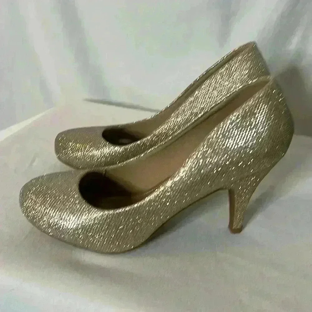 DREAM PAIRS Elegant Low Stiletto Heel Dress Platform Pump Sparkly Gold Shoe 9.5
